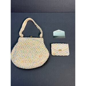 Vintage Lumured Corde Beaded Bag Coin Purse Mirror 3 Piece Set Pastel Purse 60s